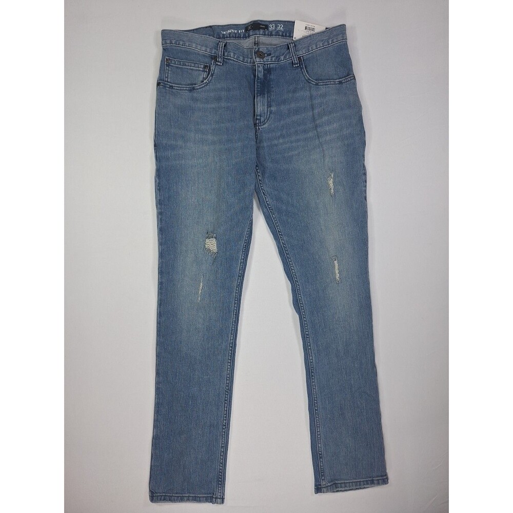 Men's 33x32 Skinny Fit Jean Light wash Denim Comfort Stretch Destressed 5 pocket